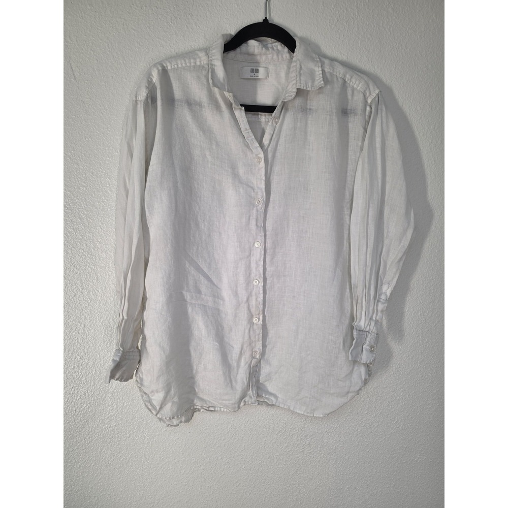 Uniqlo Women M Linen Button-Up Shirt White Solid Collared Long Sleeve Top